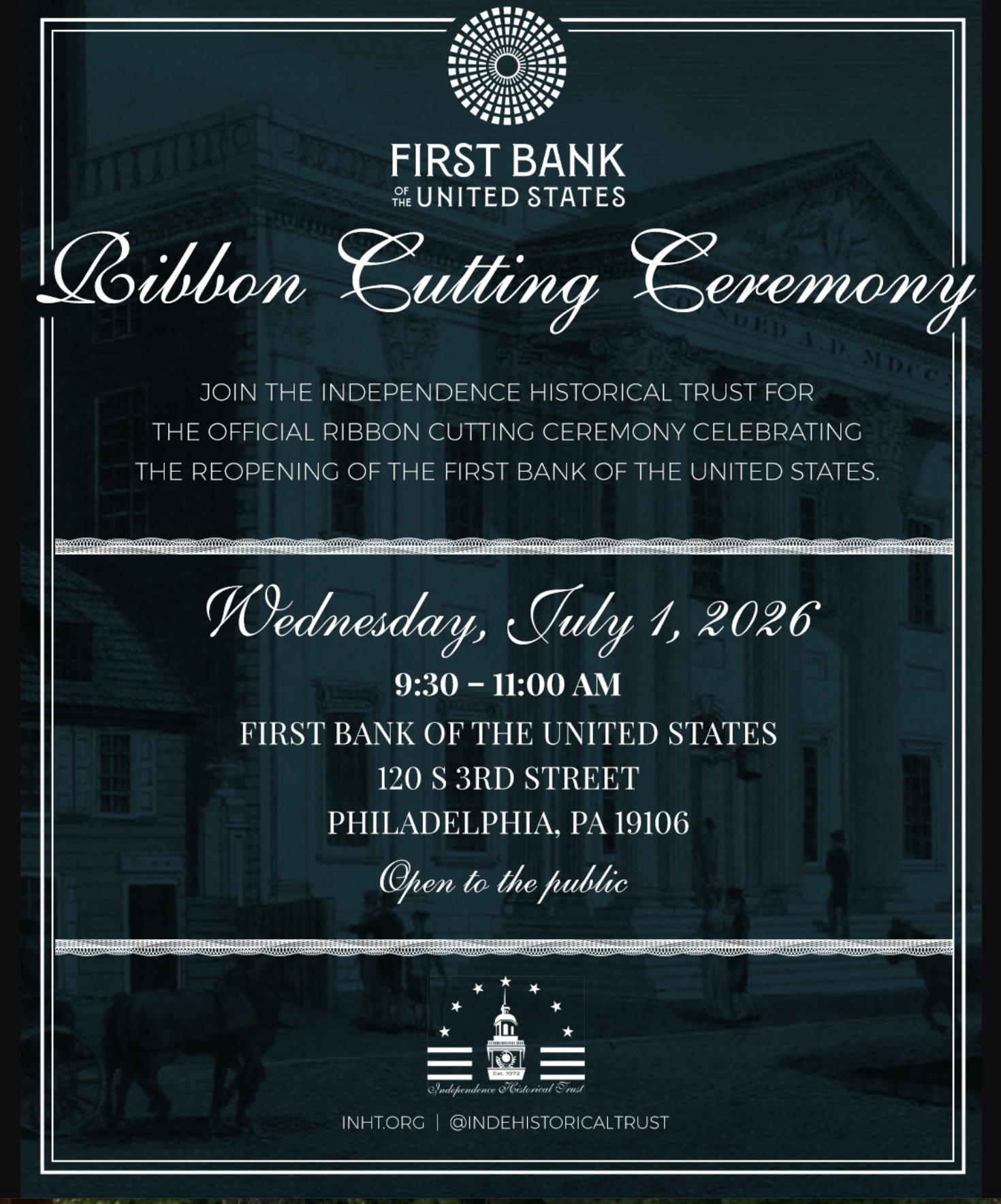 Invitation to the grand re-opening of the First Bank of the United States
